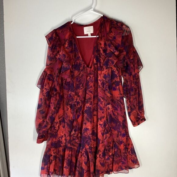 Cinq à Sept Livie Dress Women’s Red Purple Tiered Ruffle Mini Size 0 Cocktail Pa - Picture 5 of 16